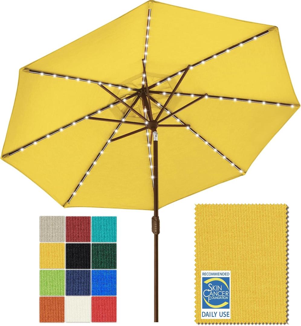 EliteShade USA 10-Year-Non-Fading 9ft Market Patio Umbrella, Commercial Grade Table Sun Umbrella with 80 Solar LED Lights, Crank Open, Windproof & UPF 50+ UV Protection for Garden, Deck, Pool, Backyard, Sunflower Yellow