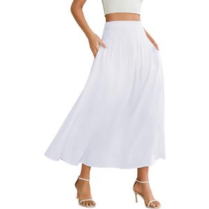 Women's Elastic High Waisted Midi Skirts with Pockets Trendy A-Line Flowy Swing Basic Skirt (Medium, White)