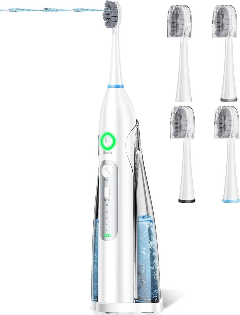 OILSAO Electric Toothbrush with Water Flosser, All in One Sonic Flossing Toothbrush with 3 Modes & 5 Flossing Speeds & 4 Brush Heads, Rechargeable & Portable for Adult Teeth Cleaning