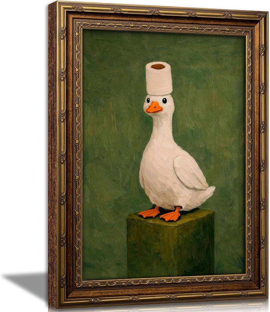 Vintage Gold Framed Duck Bathroom Wall Art,Retro Funny Goose Canvas Painting Picture Wall Decor,Whimsical Farmhouse Animal Poster Print Artwork,for Bathroom Bedroom Living Room Home Decoration, Duck, 24"L x 16"W