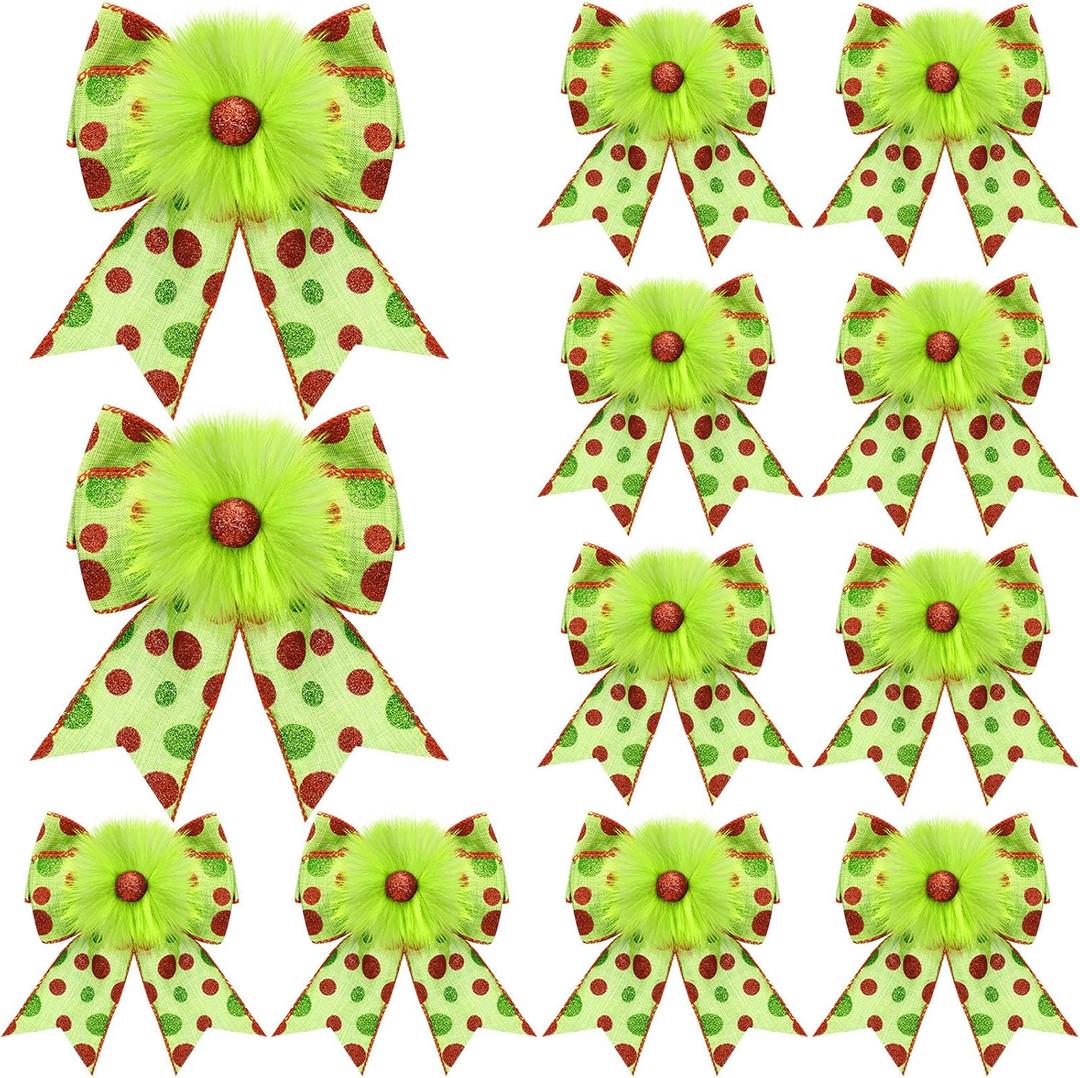 12 Pcs Red Green Christmas Bows Christmas Tree Decoration Lime Green Wreaths Velvet Bow Tree Topper with Fluffy Ornaments for Xmas Party (Fresh)