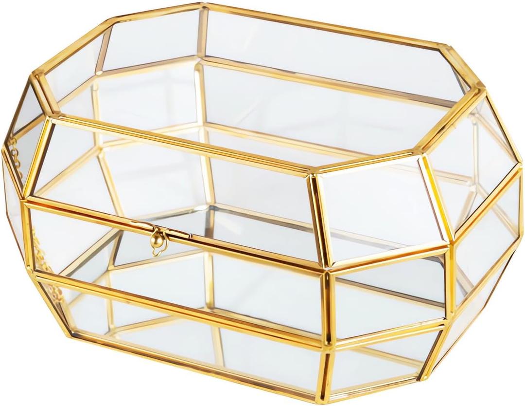 Vellon Gold and Clear Jewelry Trinket Box, Glass Decorative Box, Chic Design Storage for Cosmetic/Bracelet/Necklace/Ring, Idea Gift, Including 26 Glass Panels and 112 Golden Metal Line