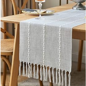 ZeeMart Farmhouse Braided Striped Table Runner, Rustic Sage Green Table Runners 90 Inches Long Boho Home Decor, Light Gray 15x90 Inches