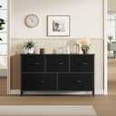 OLIXIS 5 Drawer Black Dresser for Bedroom, Closet Chest Organizer Furniture | TV Stand for Living Room Hallway, Wide Fabric Storage Tower with Wooden Top and Metal Frame