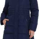 IKAZZ Thickened Vegan Down Jacket, Women's Long Winter Warm Lightweight Skiing Insulated Coats with Hood, Thick Parka Design, Water-Repellent and Snow-Proof for Outdoor Adventures, Navy XS