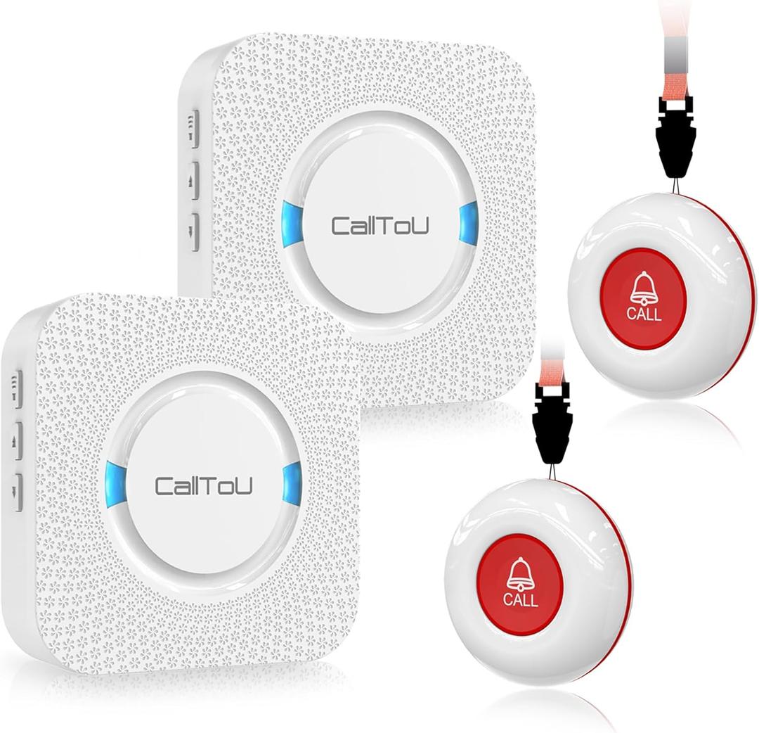 CallToU Wireless Caregiver Pager Smart Call System 2 SOS Call Buttons/Transmitters 2 Receivers Nurse Calling Alert Patient Help System for Home/Personal Attention Pager 500+Feet Plugin Receiver