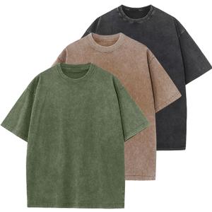 3 Pcs Oversized Heavy Cotton Summer T-Shirts Vintage Unisex Short Sleeves Casual Loose Basic Tops(Black+Coffee+ArmyGreen 2XL)