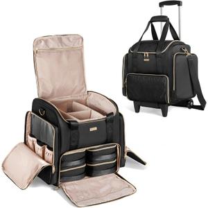 Rolling Makeup Case with 4 Removable Bags, Professional Makeup Train Case with Wheels, Makeup Artist Travel Bag with Brushes Storage Section, Black (Patent Design)