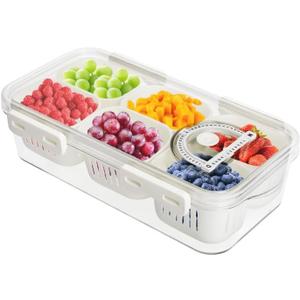 Divided Serving Tray with Lid, Snackle Box Charcuterie Container 6 Compartments Drainable Veggie Tray For Fridge, Divided Snack Tray for Party, Travel, Picnic, 2 Pack
