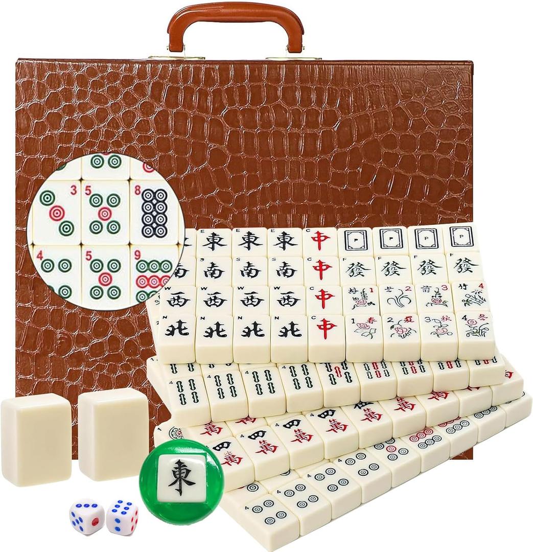 Mahjong Set,Chinese Mahjong Game Set with Carrying Travel Case, 1.5'' Large 146 Tiles with Arabic Numerals, 2 Dice and a Wind Indicator,Mah Jongg Set