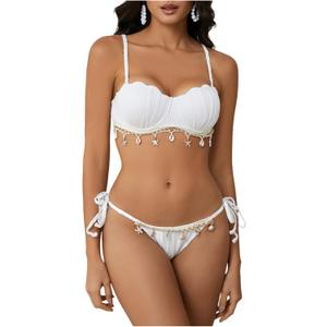 MakeMeChic Women's Bikini Set Textured Scallop Trim Shell Tie Back Bathing Suits (Small, White)