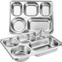 Tebery 3 Pack Stainless Steel Rectangular Divided Plates Tray, 5 Sections Dinner Plates for Adults,Kids, Picky Eaters, Campers, and Portion Control, Large