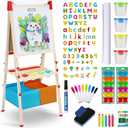 Easel for Kids,3 in 1 Adjustable Kids Art Drawing Easel Set,130+ Art Supplies,Wooden Double Sided Magnetic Chalkboard and White Board with Paper Roll,Painting for Aged 2-4,5-7,8-12