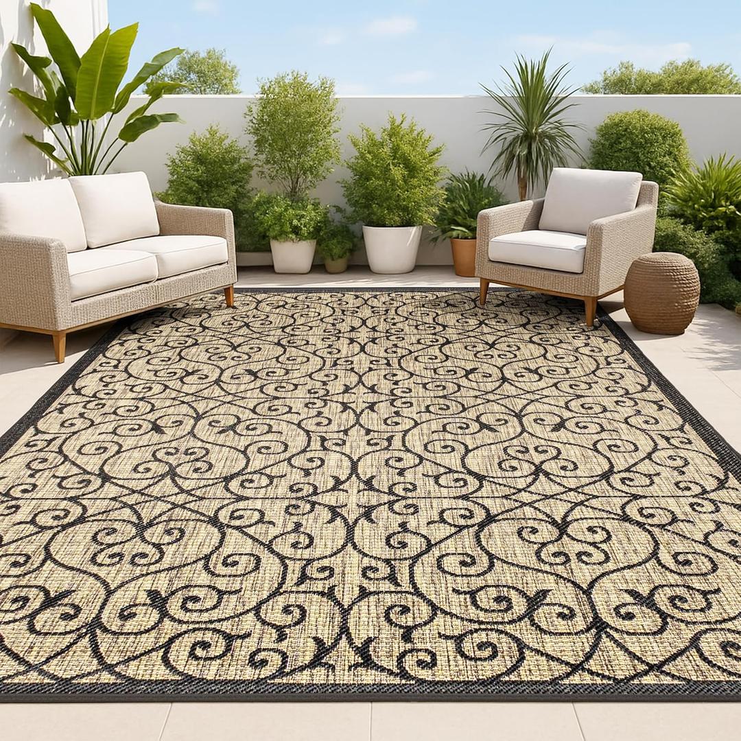 JONATHAN Y Vintage Filigree Indoor Outdoor Area Rug 8X10 Black/Khaki, Madrid Textured Weave for Backyard, Patio, Porch, Easy-Cleaning, High Traffic, Pet-Friendly, Non-Shedding (SMB107A-8)
