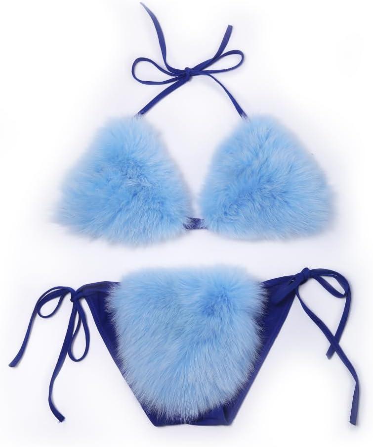 ZOSCGJMY Women's Faux Fur Halter String Triangle Bikini Sets Two Piece Swimsuits (Light Blue) One Size