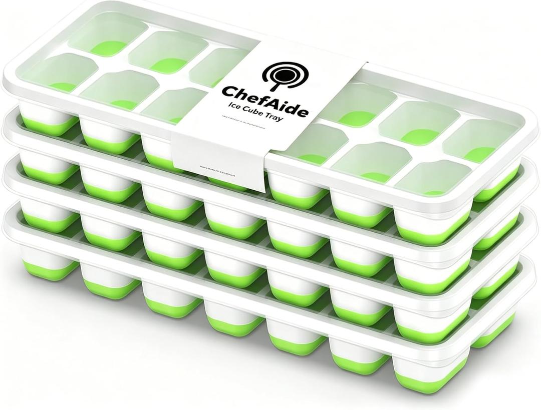 ChefAide 4Pack Ice Cube Trays with Lids, 56Cube Total Stackable Freezer Ice Trays, Durable Silicone & Plastic EasyRelease Ice Molds for Cocktails, Coffee & Drinks (Green)