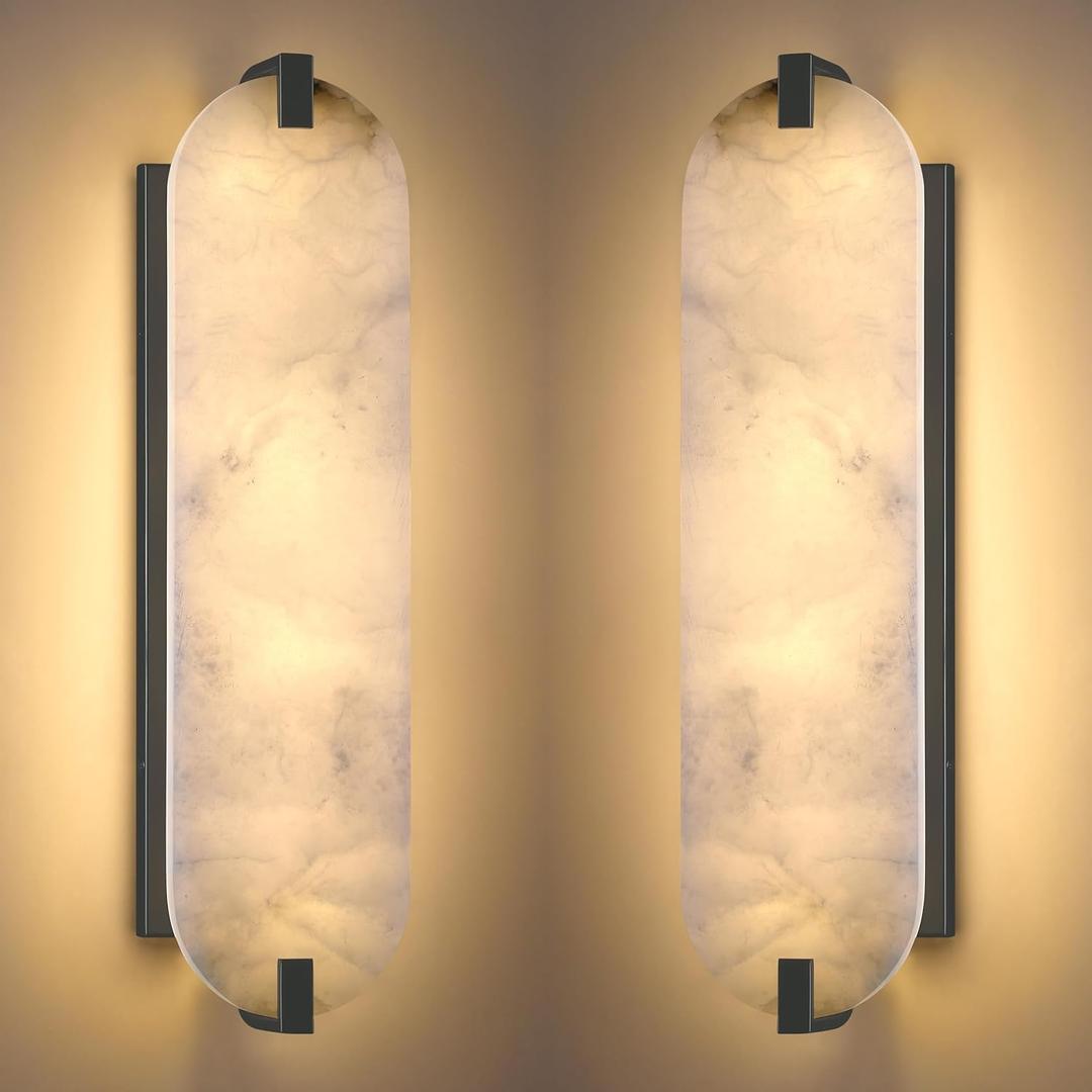 21.7" Natural Oval Alabaster Marble Modern Concise 2 Pack 4 Light Wall Sconce Fixture,Black Finish for Bathroom Bedroom Hallway Bedside Staircase Vanity Mirror