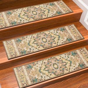 Stair Treads for Wooden Steps Indoor, 15 Pack 8" X 30" Non Slip Carpet Stair Treads with Reusable Adhesive for Kids Elders and Dogs, TPR Backing Stair Rugs Oriental Staircase Step Treads,Bohemia (Pink Brown)