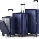 TRAVELEO 3 Piece Luggage Set 100% PC Hardshell, Front Opening Expandable Suitcase (20/24/28) with Laptop Compartment & Free Custom PVC Covers, Lightweight Spinner Wheels TSA Lock (Navy Blue)