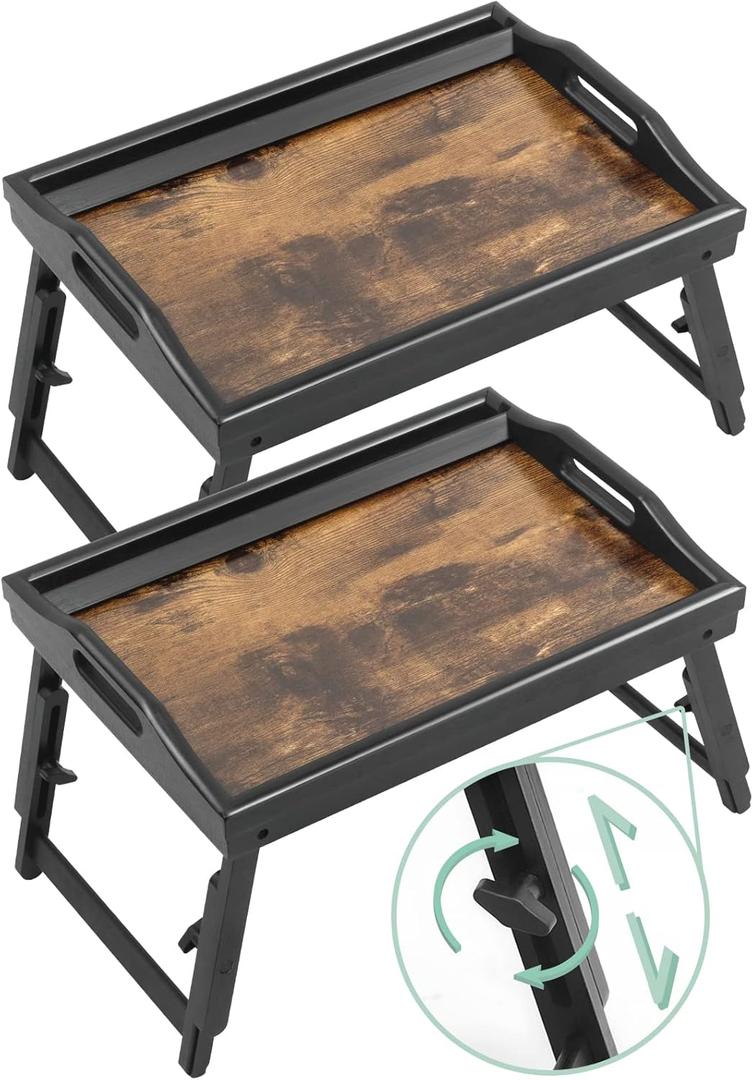 2 Pack Bed Tray Table Breakfast Trays Serving Tray Bamboo Bed Laptap with Floding Legs Handles and Phone Holders
