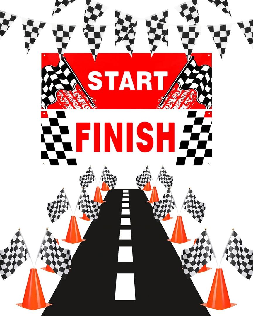 Tanlade 42 PC Traffic Cones and Checkered Flags Set Includes 12 Plastic Cones 24 Flags with Sticks 32ft Checkered Flag Banner 9.8ft Race Track Floor Mat Race Car Party Decorations