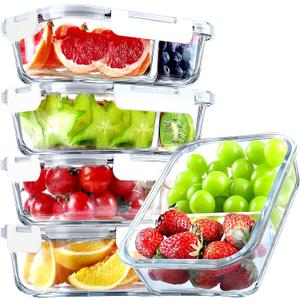 VERONES 5 Pack Glass Meal Prep Containers 2 Compartment Set, 36OZ Airtight Glass Lunch Containers, Glass Food Storage Containers with Lids, for Microwave, Oven, Freezer & Dishwasher Friendly, White