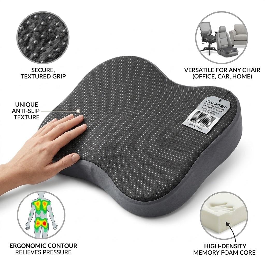 Ergonomic Memory Foam Seat Cushion – Non-Slip Orthopedic Chair Pad for Home, Office, & Car, Color: Charcoal Gray / Slate Gray, Width: ~17 to 18 inches, Thickness/Height: ~2.5 to 3 inches 