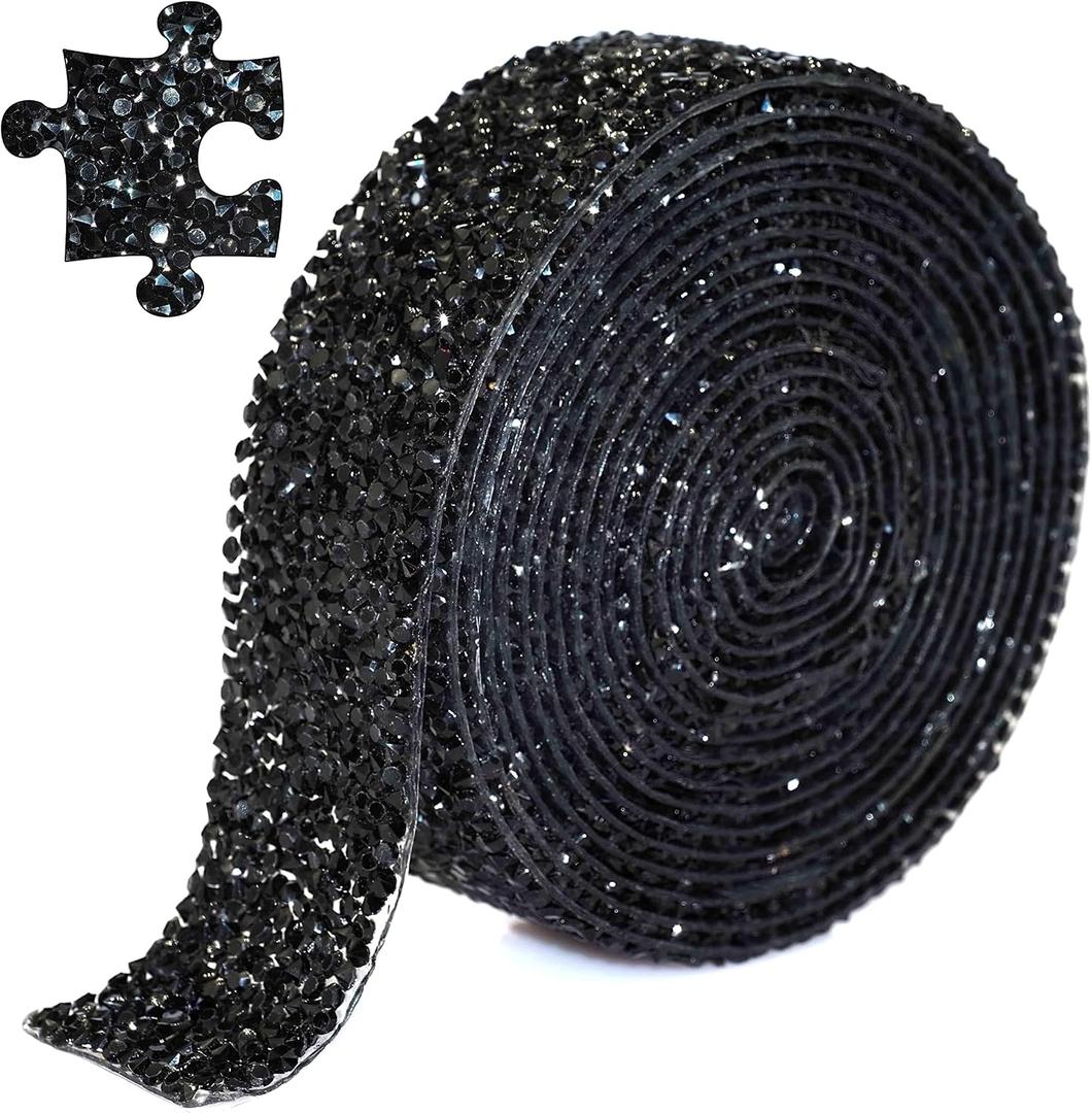 Locacrystal Bling Crystal Resin Rhinestone Diamond Ribbon,Self-Adhesive Iron-on DIY Glitter Gem Stickers for Crafts Cars Clothing Decoration 3cm 3yard Black