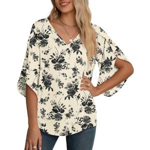 Jouica Women's Fall Casual 3/4 Ruffled Sleeve Chiffon Blouse Tops for Women (S)
