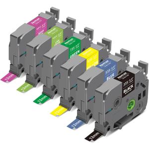 6X 12mm 0.47" Multi-Colored Label Tape Compatible for Brother P Touch Label Maker Tape Tze Tz 12mm 0.47 Ribbon Laminated Tz Colored Refills for PT-D220 D210 H110 1000 1280 D400, 1/2" x 26.2' (White on Berry Pink/ Lime Green/Black/Blue/Yellow/Green)