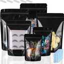 200 Mylar Bags for Food Storage 6X9 Mylar Bags with Window Large Candy Packaging Resealable Bags Black Stand Up Pouches Edible Packaging for Small Business