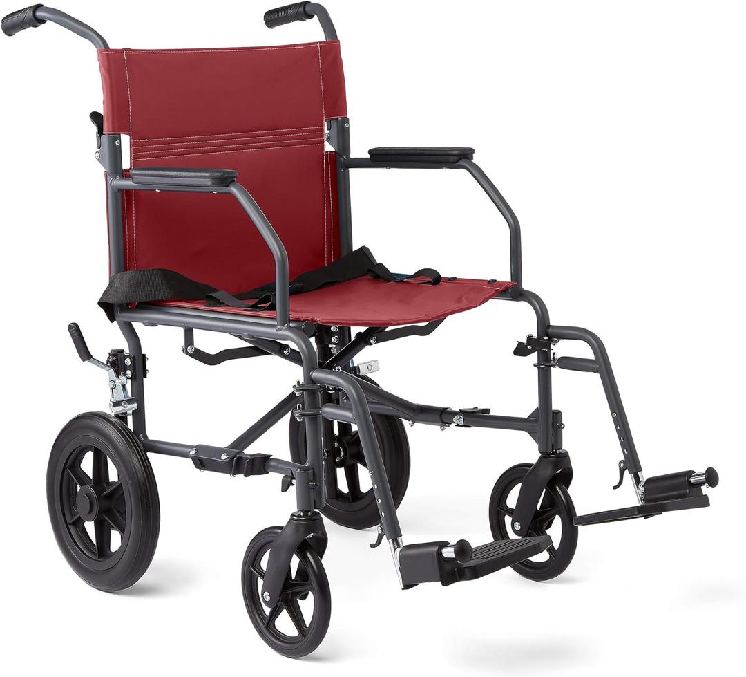 Medline Basic Steel Transport Chair - Full-Length Arms, Swing-Away Footrests, 12" Wheels - Gray/Burgundy - Durable & Convenient Mobility Aid, Red