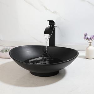 Bathroom Vessel Sink Oval Black With Faucet And Drain Combo Above Counter Washing Bowl Waterfall Faucet Mixer Brass Tap Set
