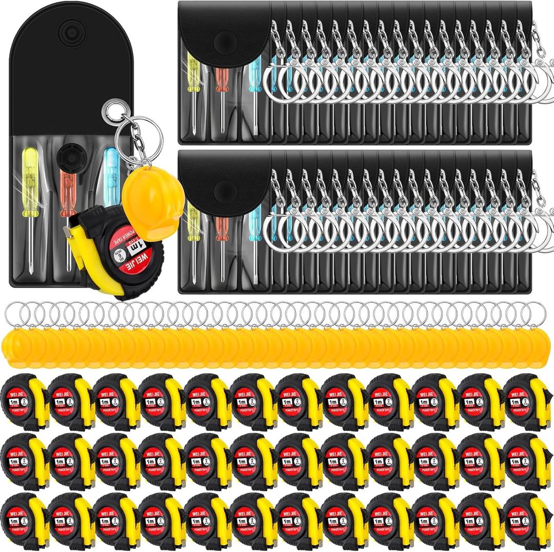 Jutom 108 Pcs Mini Construction Helmet Keychains Tape Screwdrivers Tool Adult Men Gifts Bulk for Easter Egg Stuffers Father's Day Construction Party Favors Gifts