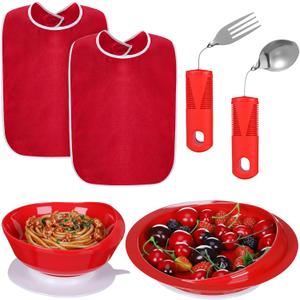 6 Pcs Adaptive Utensil with Bib Bowl Plate Set Weight Cutlery Gift for Elderly Disabled Hand Arthritis Parkinson(Red)