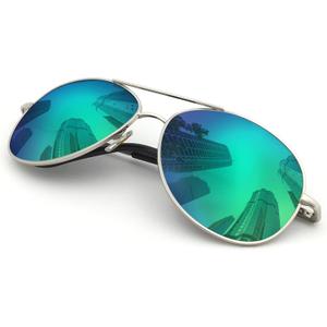 J+S Premium Military Style Classic Aviator Sunglasses, Polarized, 100% UV protection for Men Women (Silver Frame/Green Mirror Lens)