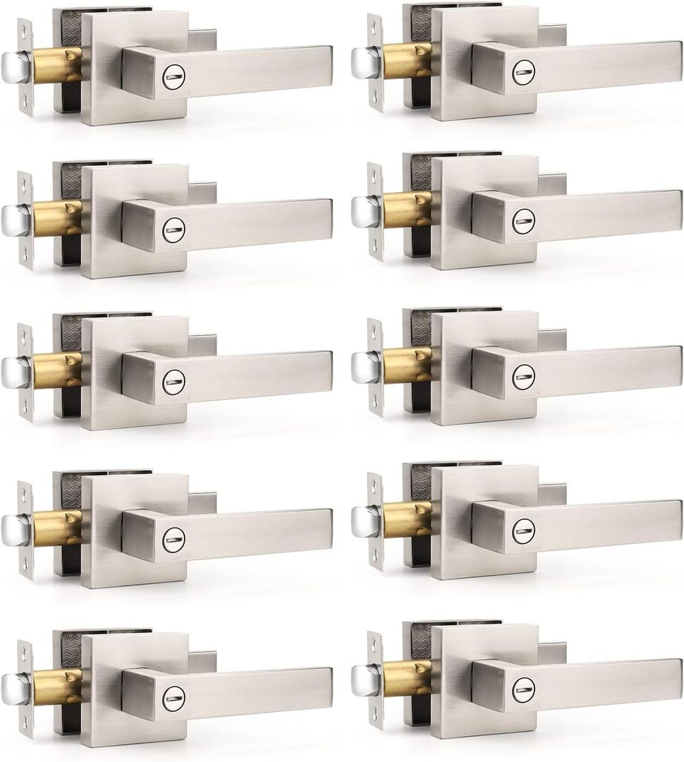 Gobrico 10 Pack Privacy Square Brushed Nickel Door Handle Interior, Keyless Door Knob for Bedroom/Bathroom, Reversible for Left Right Handed Doors