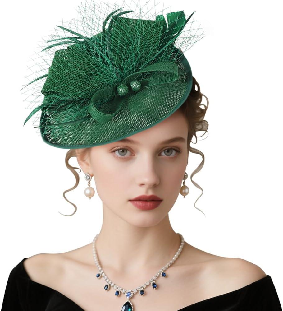 DRESHOW Fascinators Hats for Women Tea Party Hat Vintage Derby Pillbox Kentucky Hat Church Cocktail Headwear (Green)