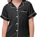 Veseacky Girl's Satin Pajamas Set Short Sleeve Button Sleep Shirt with Silky Shorts Set PJ for Teens (Black, Size 12)