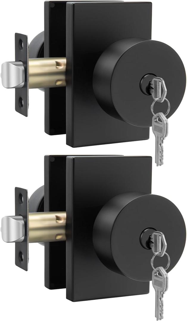 Goldenwarm Keyed-Alike Exterior Door Knobs with Key, Zinc Alloy Matte Black Door Knobs Exterior, Locking Doorknob with Lock and Key, Bedroom (2 Pack) (Entry)