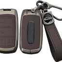 ontto Fit for Ram Truck Key Shell Case Metal and Leather Key Fob Protector Fit for Dodge Ram 1500 2500 3500 4500 5500 2019-up,Solid Key Cover with Keychain,4-Button-Brown