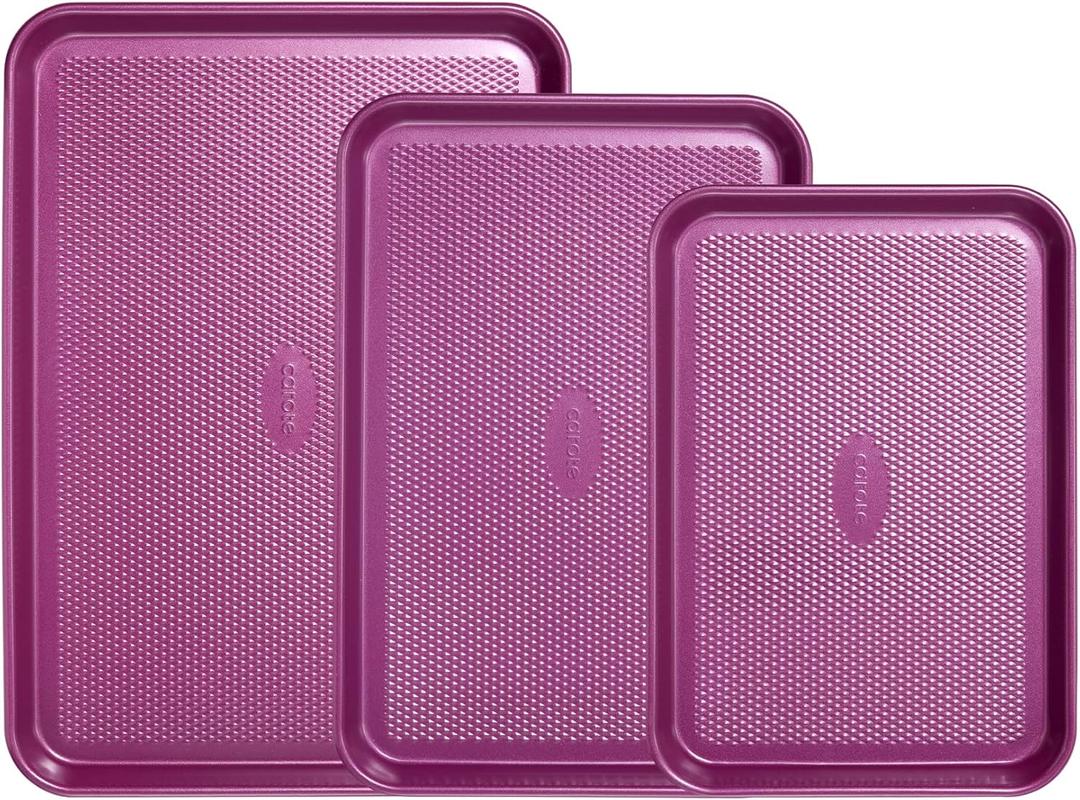 CAROTE 3-Piece Baking Pan Set - Bakeware Set, Baking Sheet Set Including 13 Inch 15 Inch 17 Inch Sheet Pan, Cookie Sheet for Baking, Royal Violet, Blue & Grey