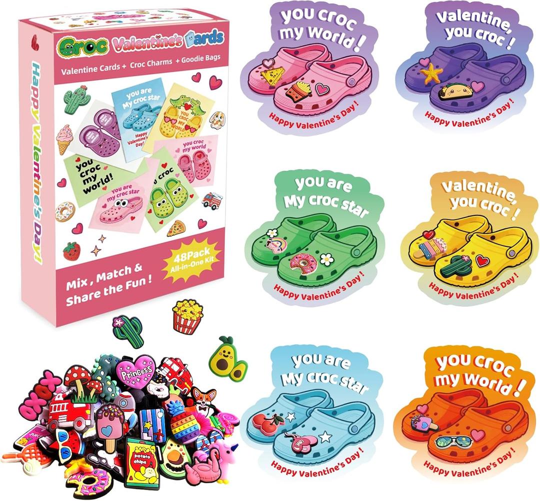 JX 48 Pack Valentine's Day Cards for Kids Classroom with 96 Shoes Charms & Goodie Bags,Valentine Gifts for Kids Teen Boys Girls School Class Exchange
