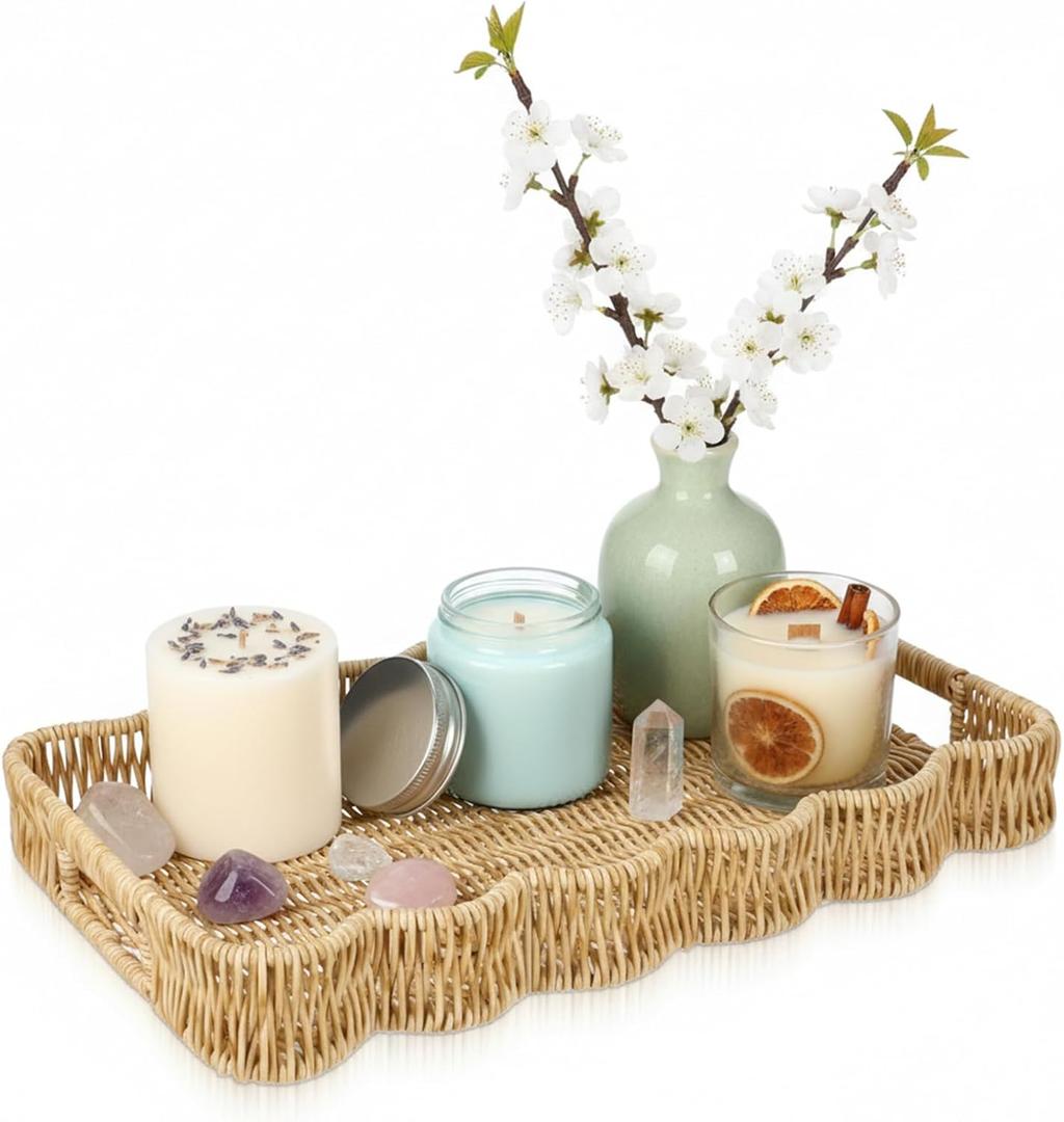 Scalloped Tray Rectangle with Handles, 13.98 x 9.84 x 1.77 Inch Hand Woven Serving Trays Rustic Plastic Coffee Table Decorative Tray for Living Room, Kitchen, Bathroom, Dining Table Decor