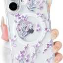 NITITOP Compatible with iPhone 16 Case Clear Magnetic Compatible with MagSafe Cute Flowers Floral Leaves for Women Girls Hard PC Back Shockproof Protective Phone Cover - Purple