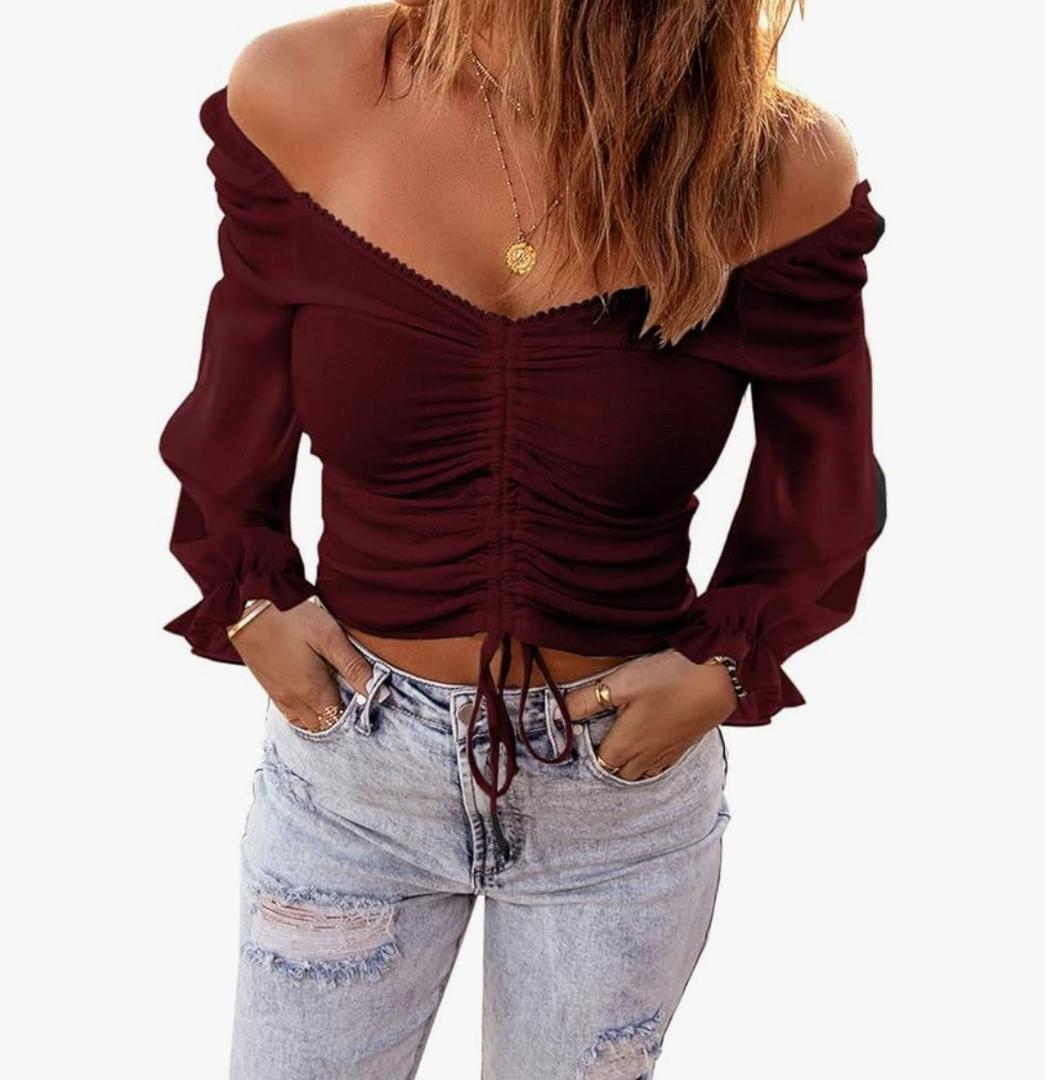 Womens Crop Tops Off Shoulder Ruched Ruffle 3/4 Sleeve V Neck Shirts Sexy Summer Blouse,XXL