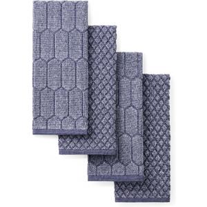 Martha Stewart Honeycomb Chambray Textured Kitchen Towel 4-Pack Set, 100% Cotton with Absorbent Terrycloth, Decorative Kitchen Towels, Navy Blue, 16"x28"