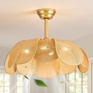 Rattan fandelier Ceiling Fan with Light Boho Ceiling Fans with Lights and Remote Gold Chandelier Fan for Bedroom, Living Room,Kitchen,Foyer(26 Inch,6 Speed, Timing Adjustable Height Flower)