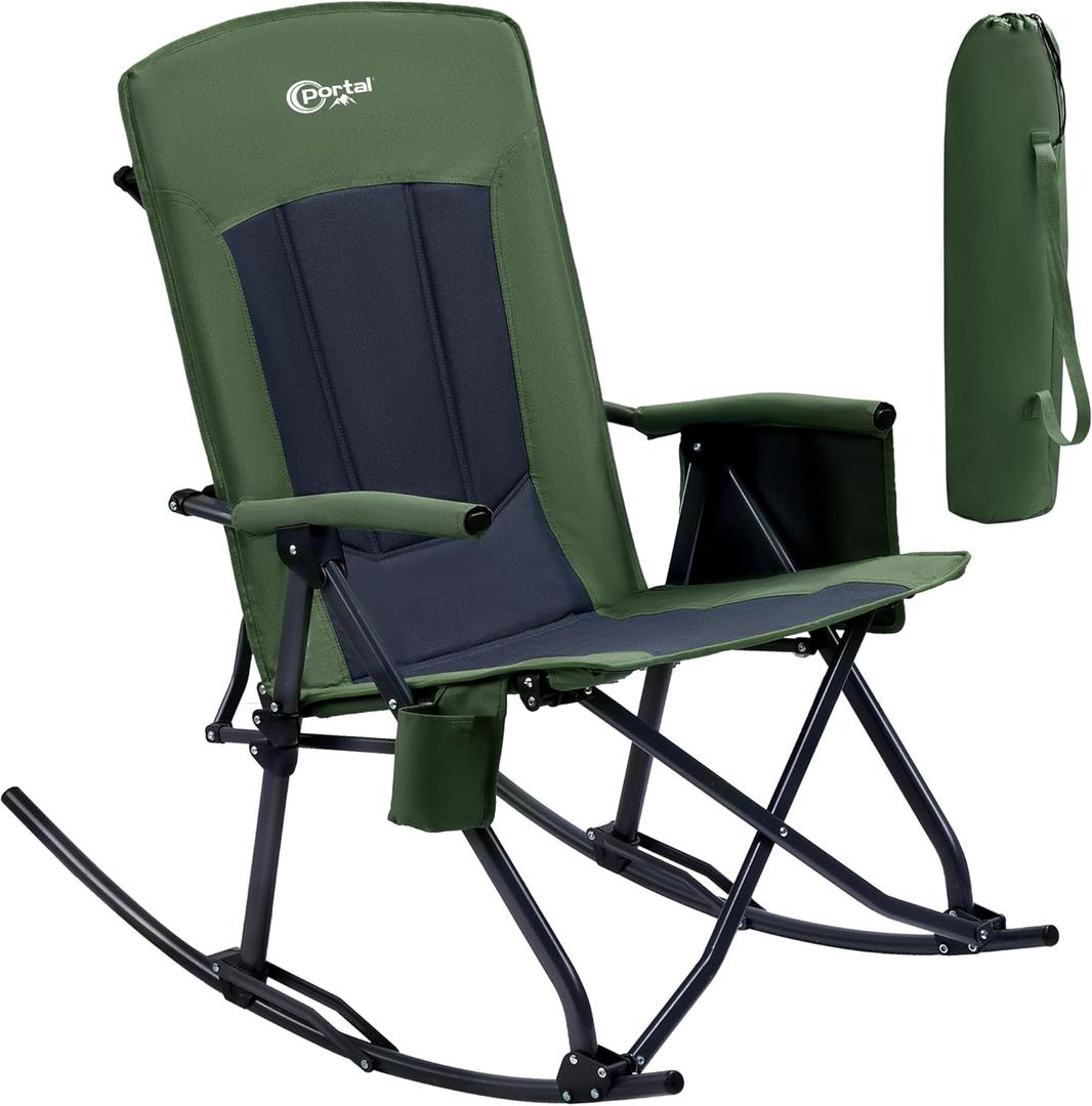 PORTAL Oversized Folding Rocking Camping Chair Portable Outdoor Rocker with High Back Hard Armrests Carry Bag, Supports 400 lbs, Mesh Back (P-green)