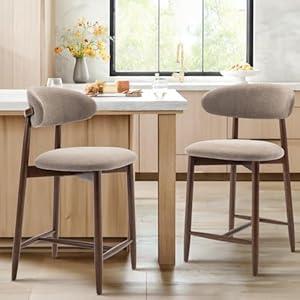 COLAMY Bar Stools Set of 2, Counter Height BarStools with Back, Mid Century Modern Upholstered, with Wood Legs for Kitchen Island Dining Room, Camel